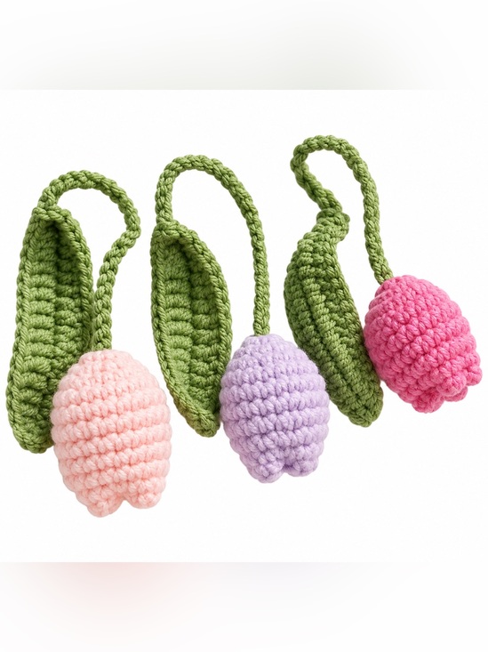 Accessories - 🌷 3 Crochet Tulip Flower Charms Pink Purple Green Handmade Embellishments